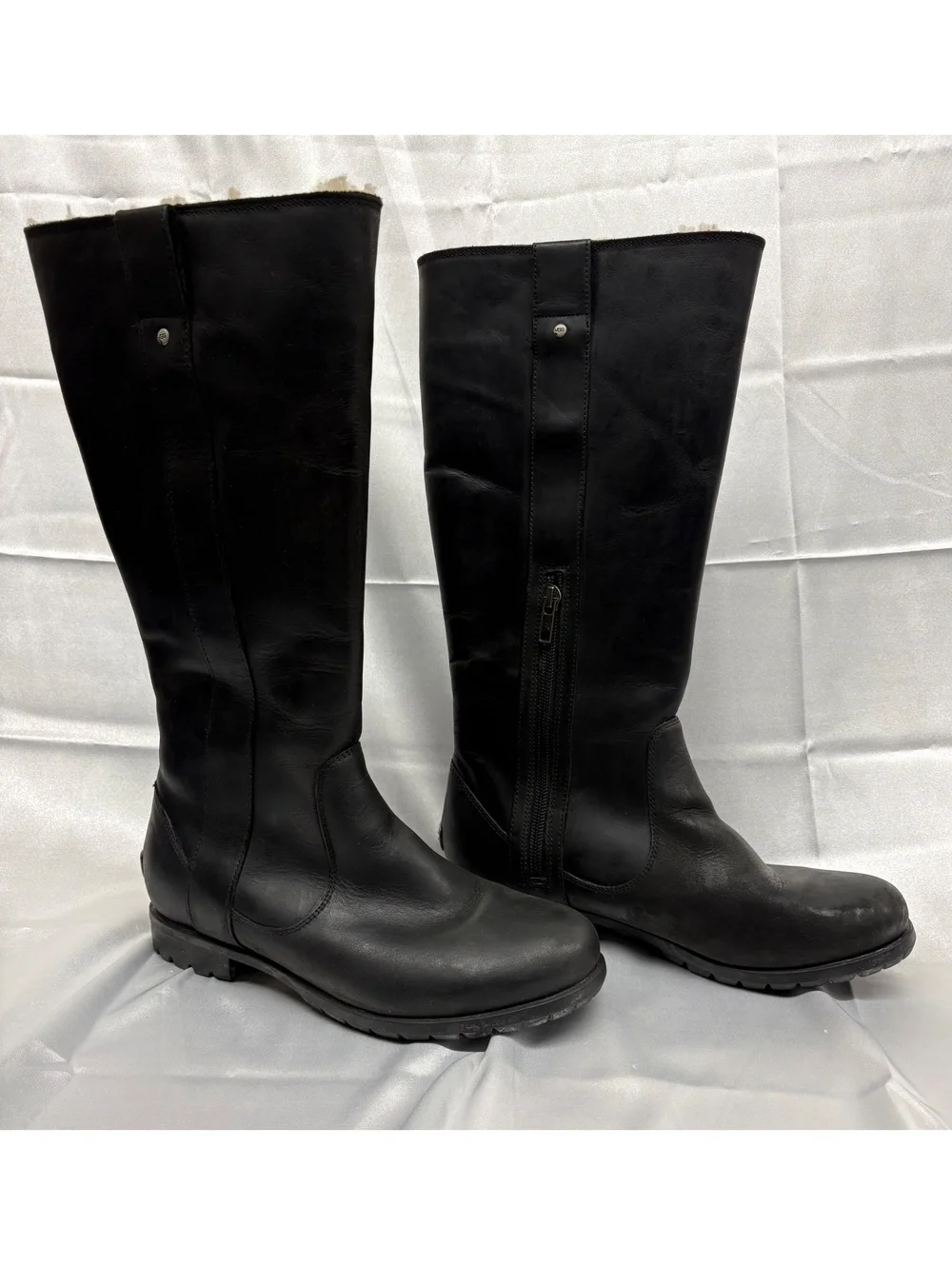 UGG Junipero Black Leather Riding Boots with Shearling Lining, Size 8 Women’s